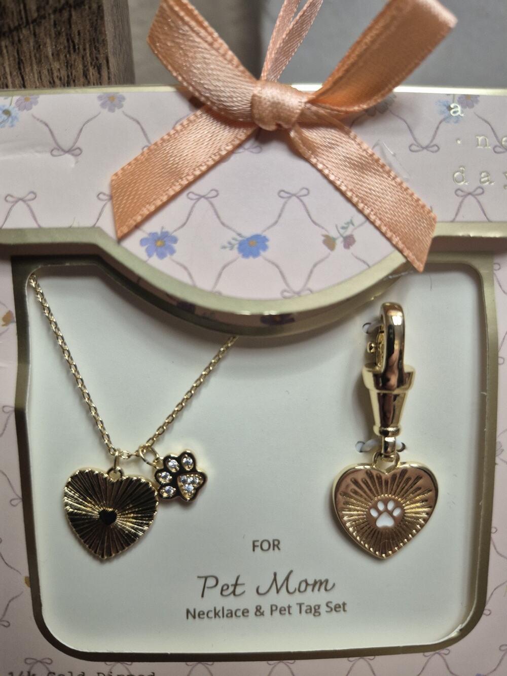 A New Day Pet Mom Necklace & Pet Tag Set 14K Gold Dipped CZ New Sealed Gift S6